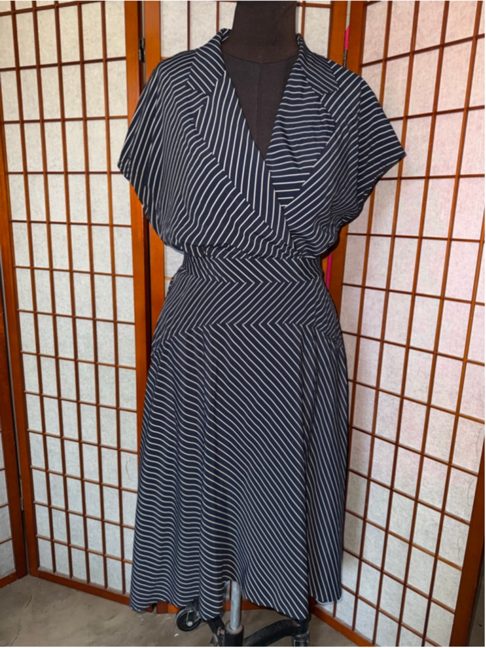 Women's MM.LAFLEUR Navy White Striped Wrap Dress 14
